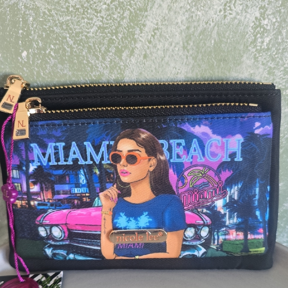 Nicole Lee Cruising In Maimi Beach Small Clutch Wallet, 2 Zippers NWT
